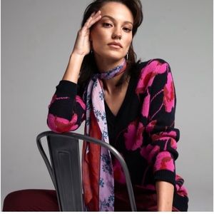 CABI Sz S ROCOCCO pink & black floral v neck sweater roomy longer length cozy